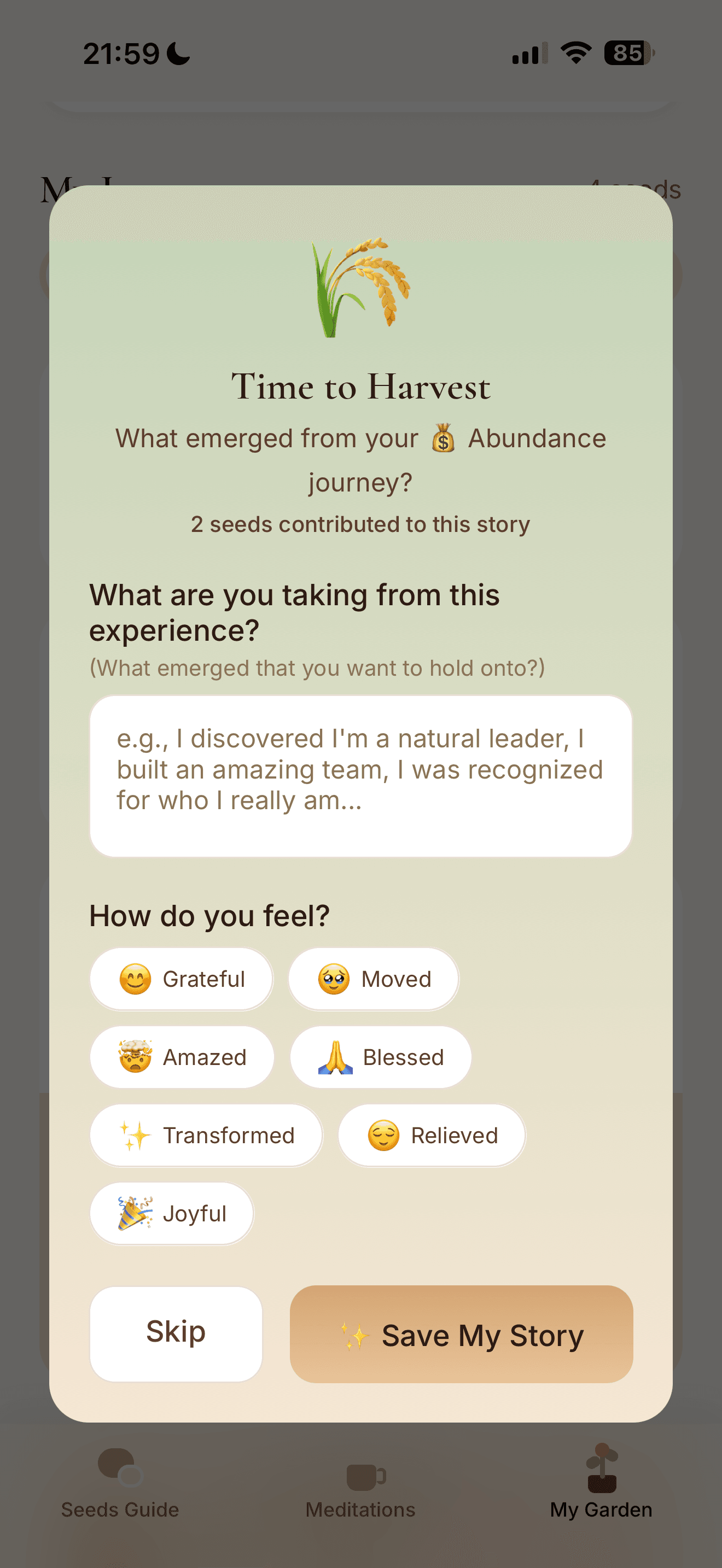 SeedMind harvest screen on iPhone